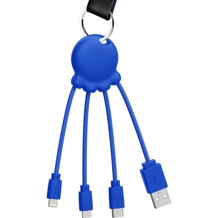 Câble octopus - xoopar - 1m - biodégradable - usb a/micro usb &amp; usb c &amp; lightning - bleu