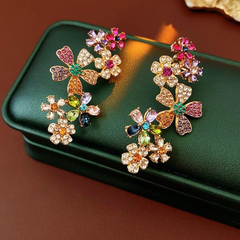 Elegant Sweet Rhinestone Flower Earrings Hollow Out Ear Jewelry Shining Flower Earrings Ornaments Colored Sweet Ear Clips Gift