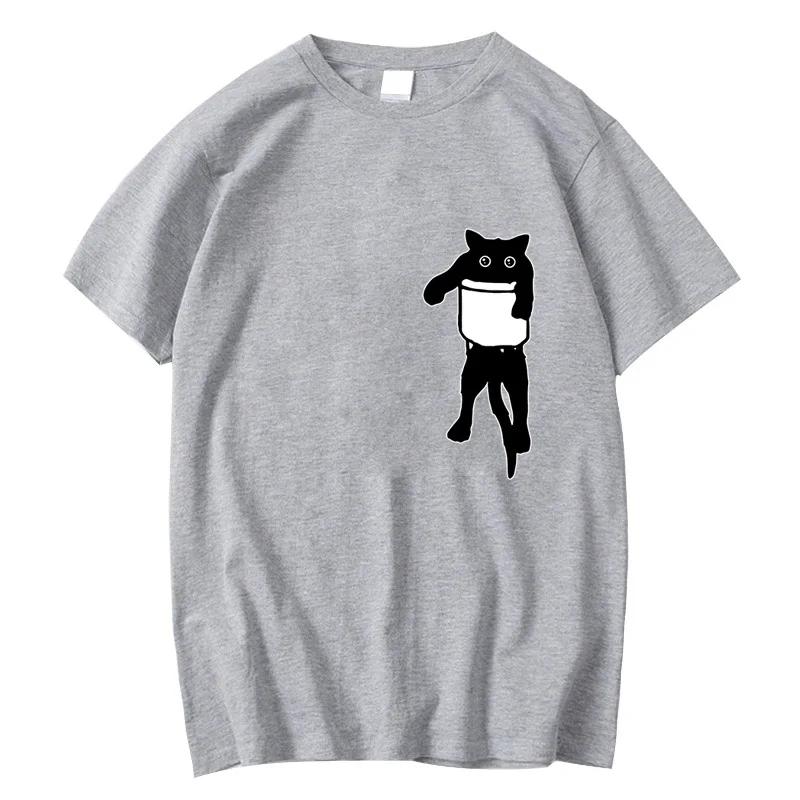 Men's High Quality T-shirt 100% Cotton Funny Pocket Cat Print Summer Loose Cool O-neck T Shirt for Men Short Sleeve Male Tees