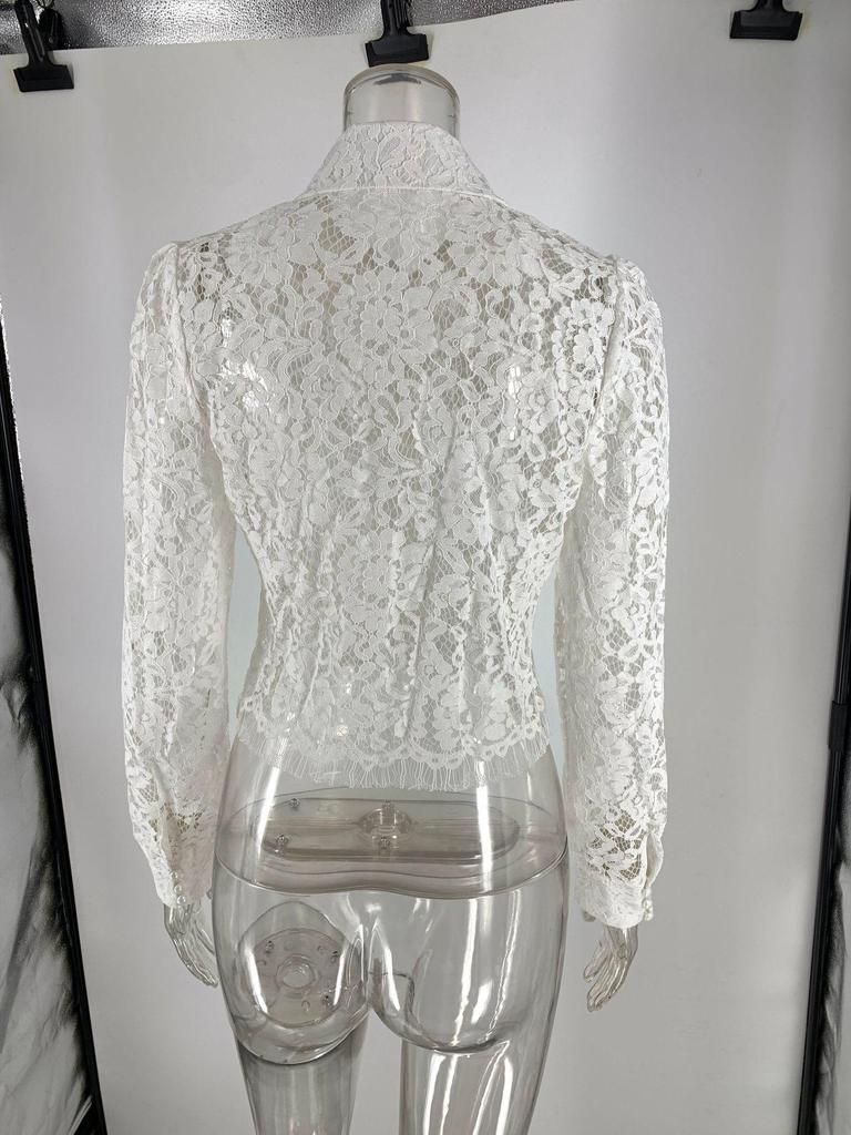 Sexy European & American Lace Lapel Long Sleeve Tassel See-Through Top