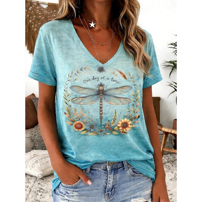 

Women s Vintage Floral Animal Graphic V Neck T Shirt, Short Sleeve Regular Tops, Daily Going Out Outfit for Spring & Summer S