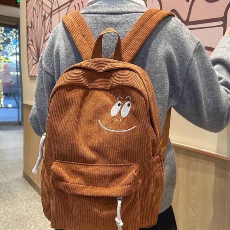 Solid Color Corduroy Backpack with Cute Anime Smiley Face Design, Large Capacity Student School Bag for Casual Use, Unisex