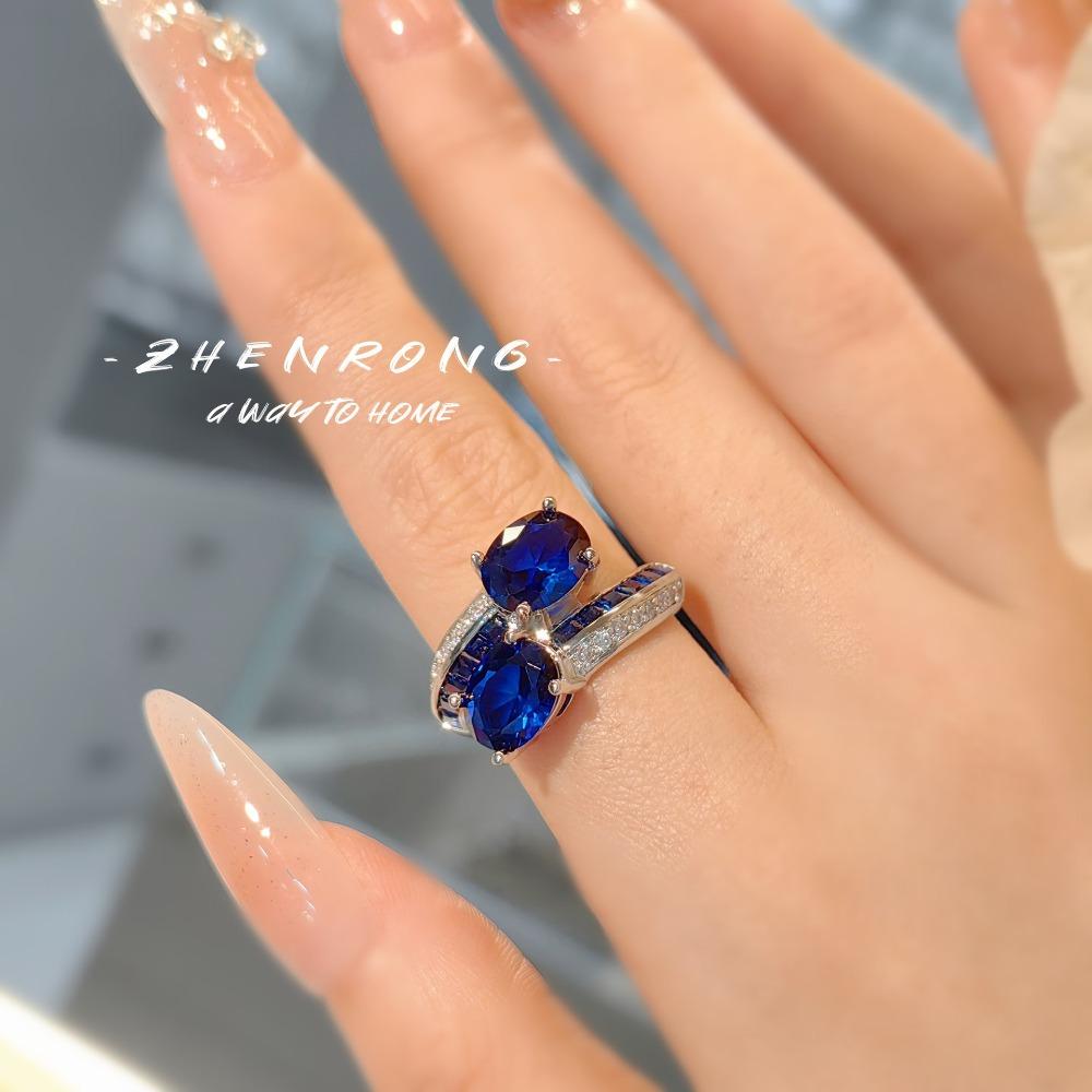 Vintage French Style Open Ring Red Corundum High Carbon Blue Spinel Women Jewelry
