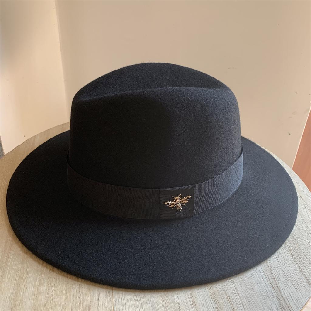 New French Wool Topper Hat with Big Brim Showing Face for Women's Little Bee British Style Versatile Jazz Hat