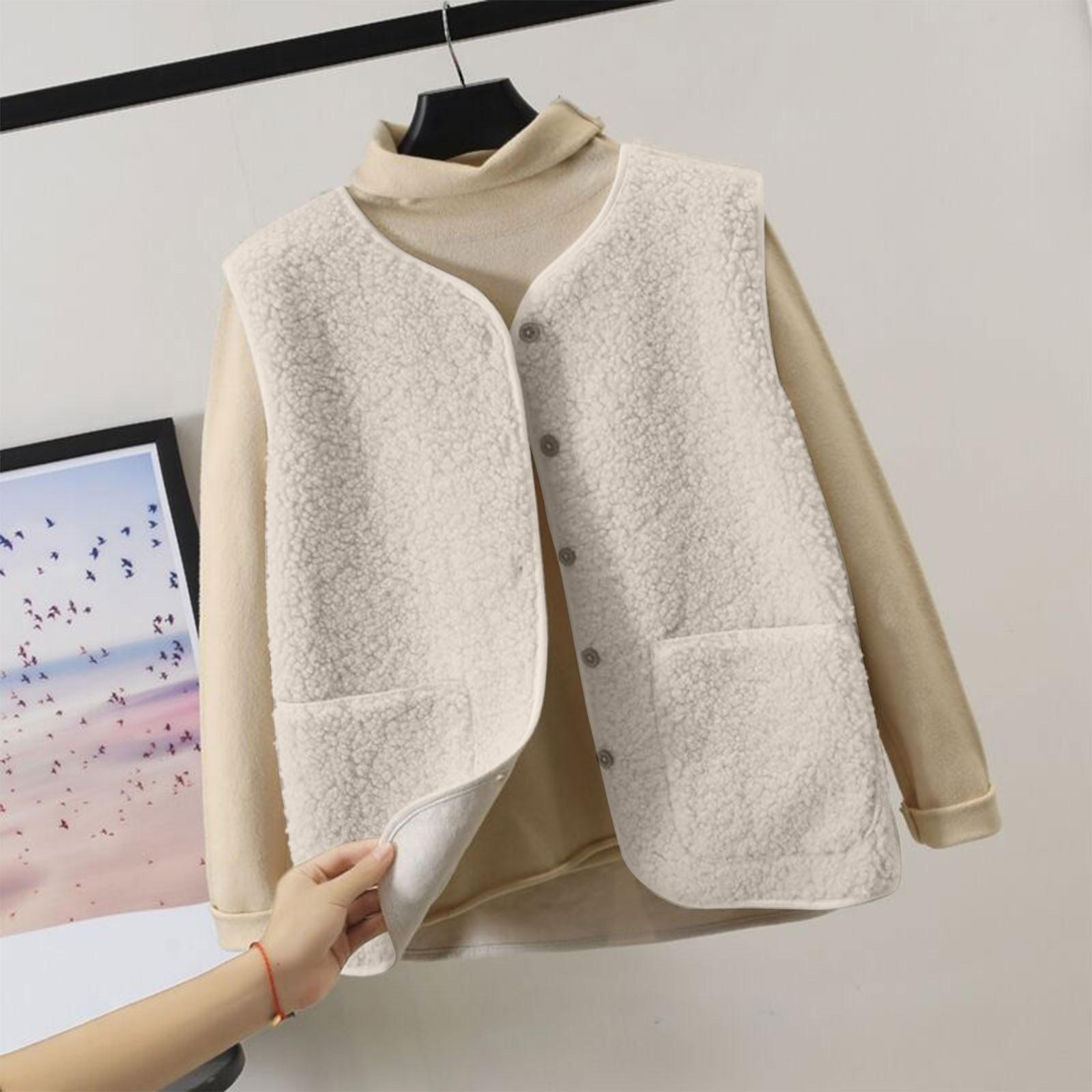 

Женский жилет, зимняя теплая верхняя одежда с капюшоном, повседневное пальто, куртка на пуговицах из искусственной кожи L бежевый