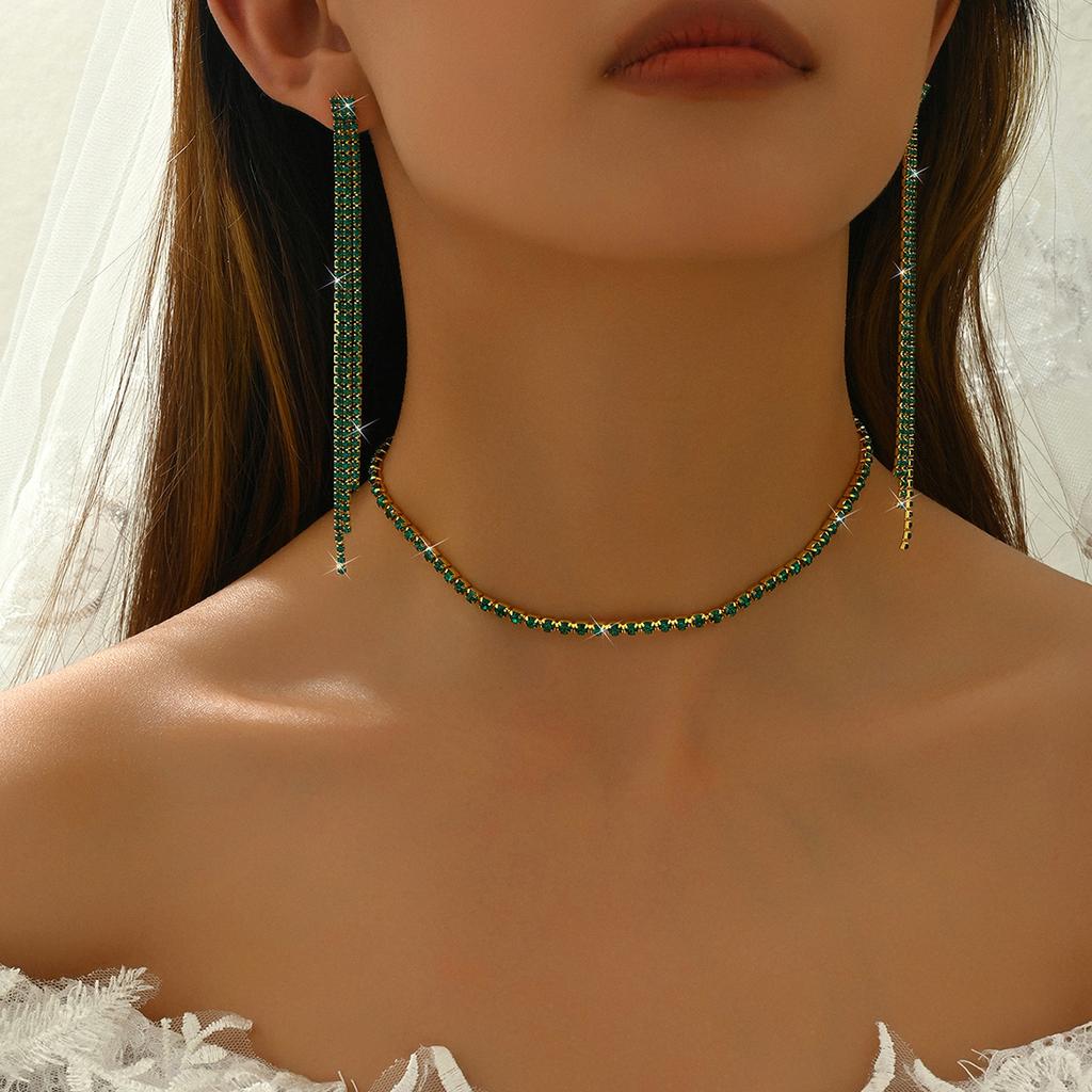 3PC Women's Water Zircon Fashion Tassel Necklace Earrings Zircon Set Wedding Party Festival Gift