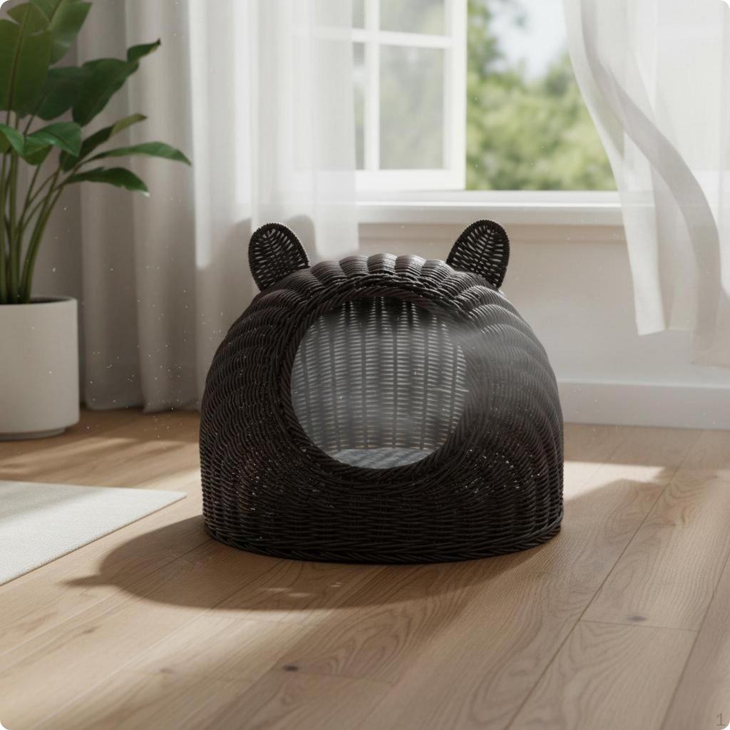 Woven Cat Bed Washable Rattan Nest Four Season Use Pet House for Cats, Indoor, Balcony, Patio S