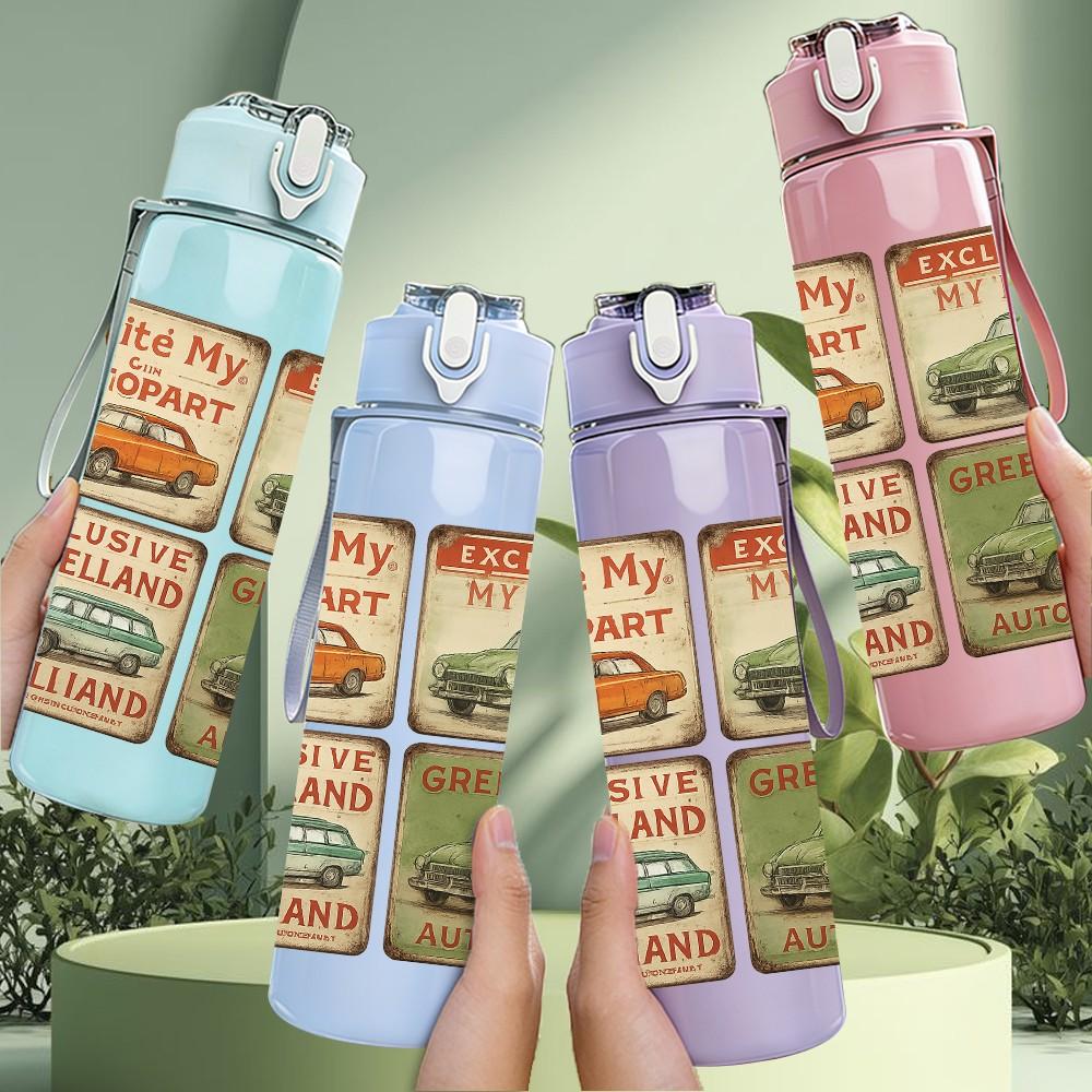 1PC Vintage Truck Sign Collage Print 750ml Color Plastic Sports Water Bottle Leakproof Flip Straw Lid For Sports Office Home Use
