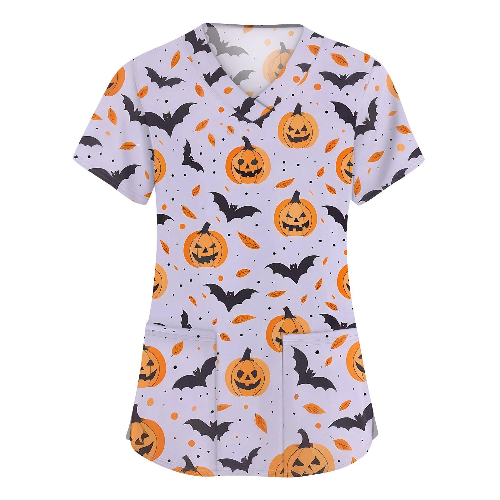 

Женская мода V-образным вырезом с короткими рукавами и карманами Топы с принтом на Хэллоуин M