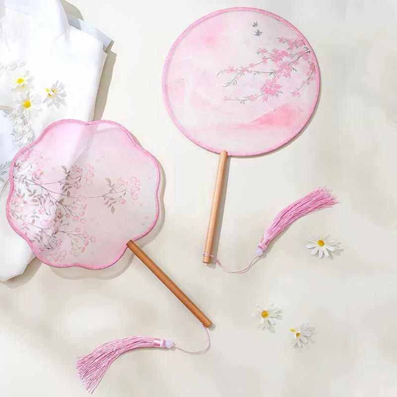 Double-Sided Classical Fan, Ancient Style Semi-Transparent Round Fan with Tassels, Women's Ancient Costume Hanfu Cheongsam Silk Fan