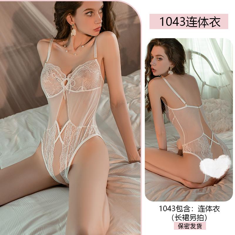 Original Erotic Underwear Pure Desire Lace Seductive One-piece Suit Gauze Skirt Set Women See-through Uniform Pajamas 1043