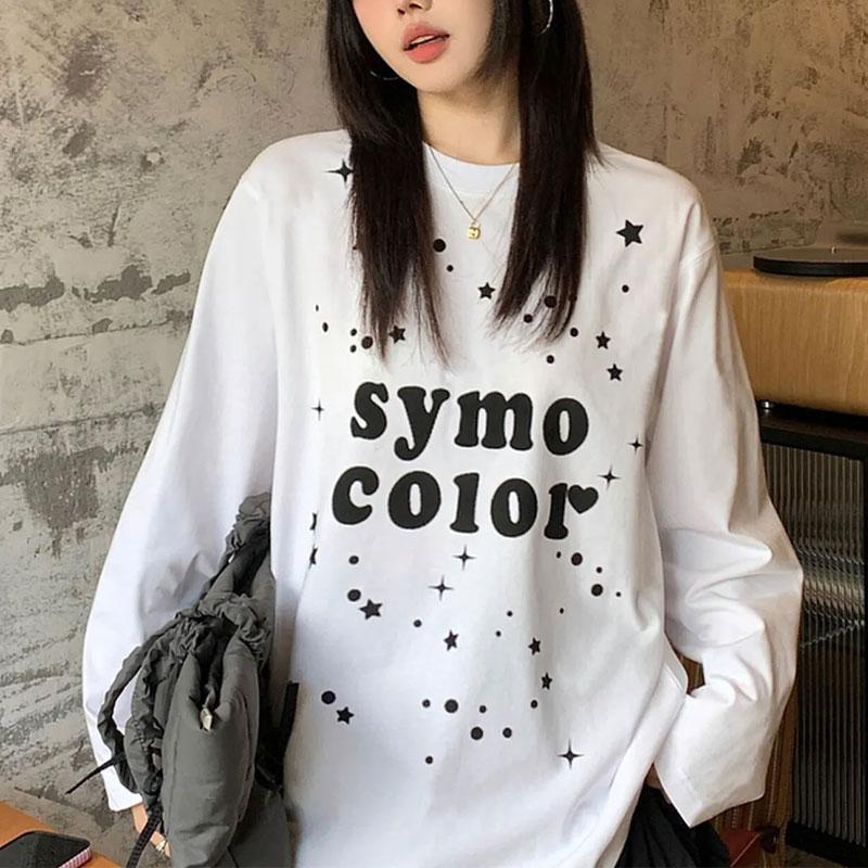 

Women s Star Print Letter Oversized Long Sleeve Casual T-Shirt M белый