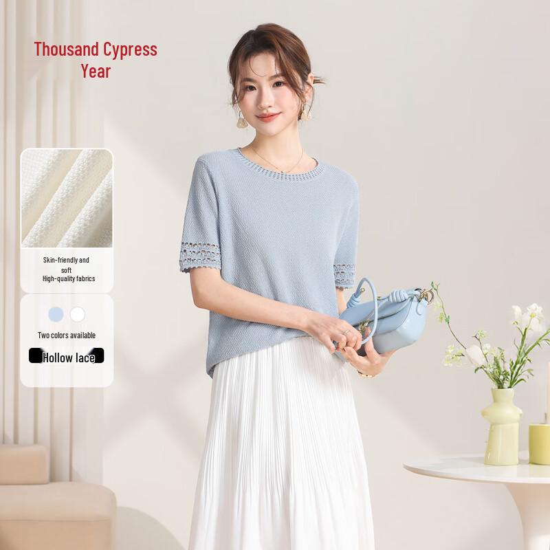 

Qianbainian Women s Hollow Lace Knit Short Sleeve T-Shirt L