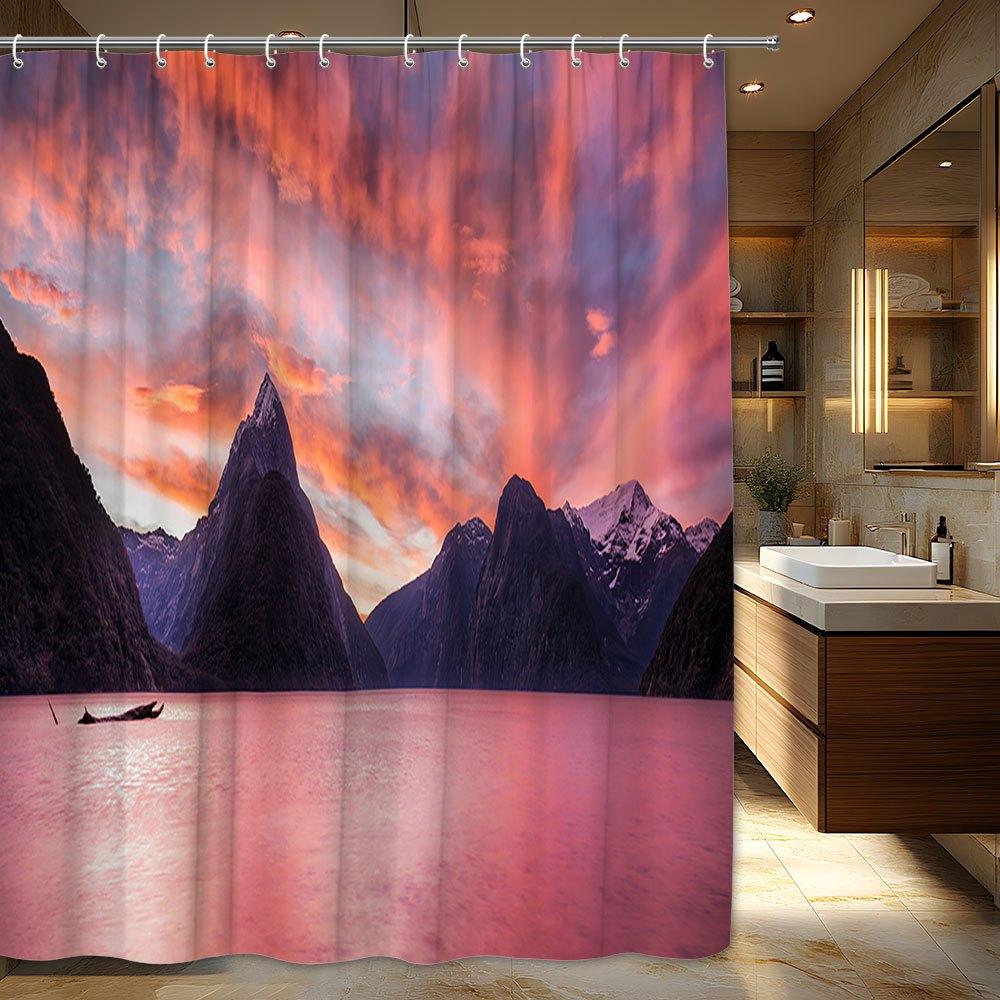 1pc Lakeside Sunset Bath Curtain - Vibrant Sky & Reflection, Rowboat & Mountains, Polyester, Serene Bathroom Decor W90XH180cm