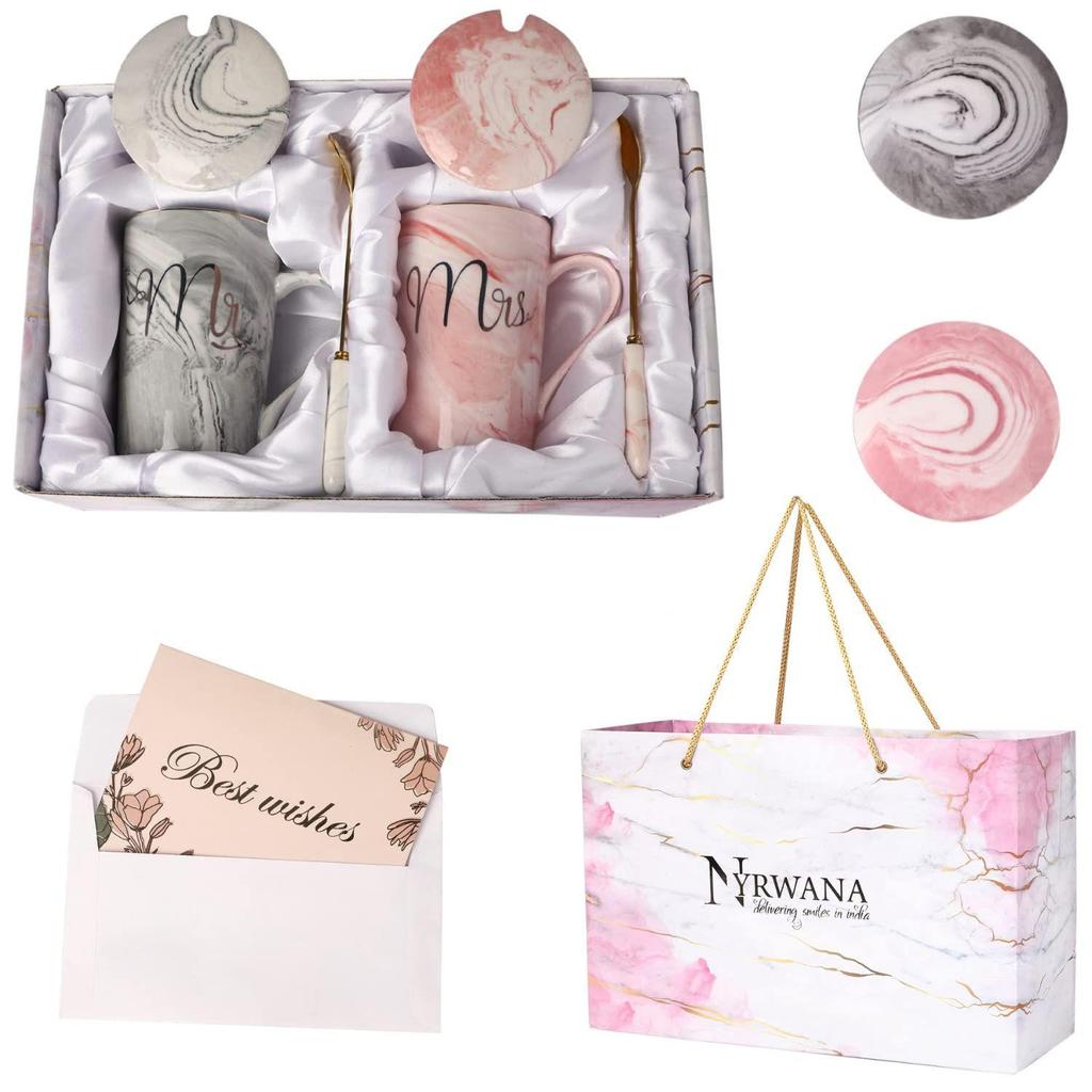 Coffee Mug, Marriage Gifts for Wedding, Couple Gift, Christmas Gifts, Mr & Mrs Set of 2 Coffee Mugs, Lids, Ceramic Spoons, Coasters