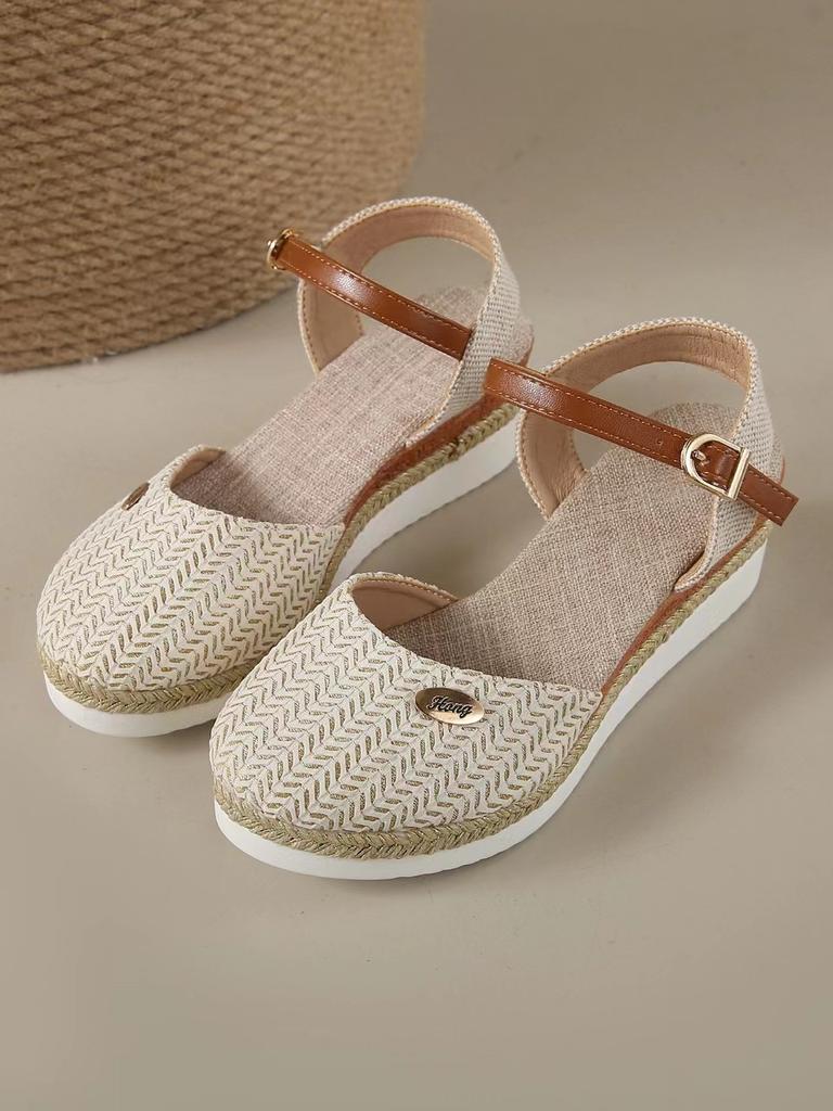 Fashion Large Size Color Matching Closed Toe Sling Back Sandals Wedge Heel Lightweight Hemp Rope Braided Buckle Women's Shoes Thick Sole