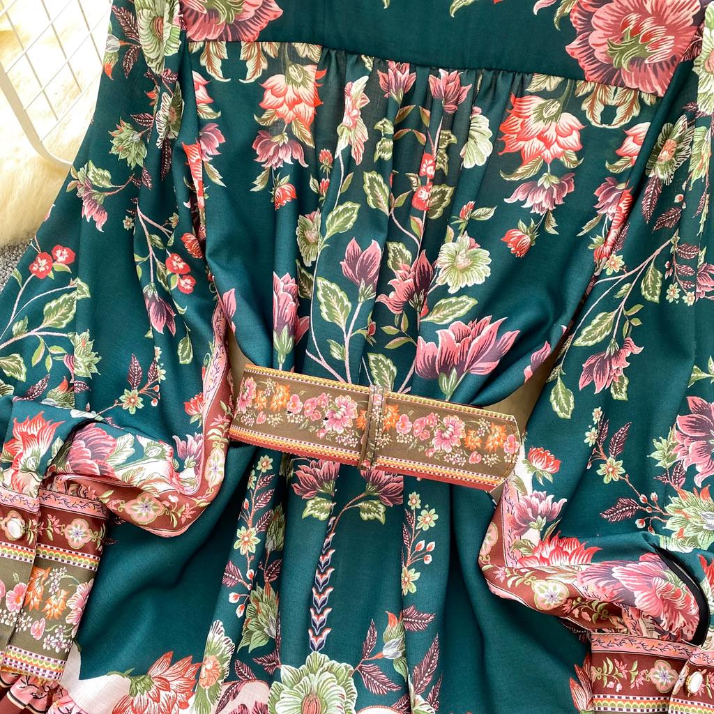 Women's Summer Dress Vintage Designer Print Mini Dresses Stand Collar Single Breasted Party Shirt Dress with Belt