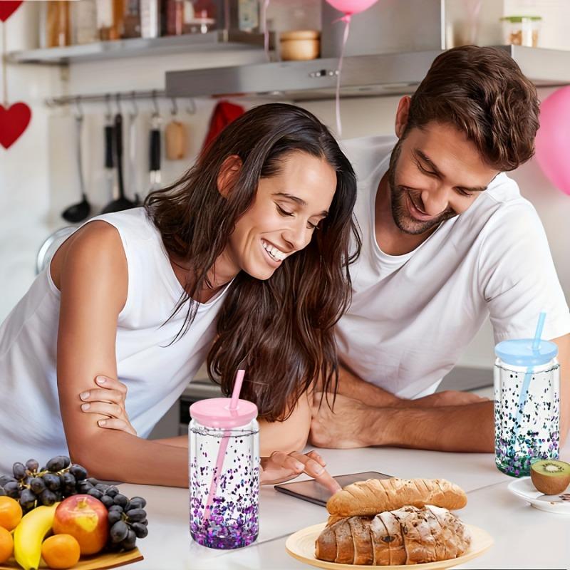 6PCS 16oz Double Wall Plastic Water Bottles with Straws Lids DIY Snowball Cup with Pre Drilled Hole Reusable Kids Drinkware Cups