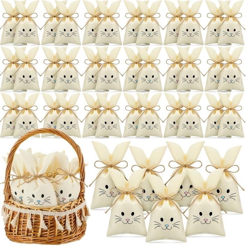 18PCS Easter Bunny Candy Gift Bags | Reusable Burlap Rabbit Bags with Twine, Perfect for Easter, Birthday