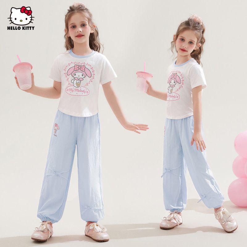 Hello Kitty Girls' Summer Outfit 2025 New Stylish Fashionable Children's Short-Sleeve T-Shirt for Older Girls with Mosquito-Repellent Pants