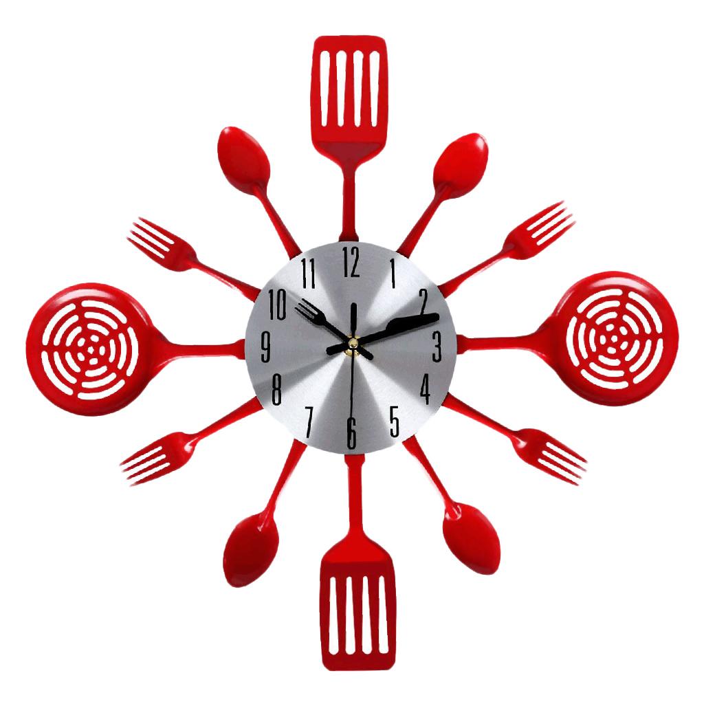 3D Wall Clock Kitchen Stainless Steel Fork Knife Clock Decorative Red