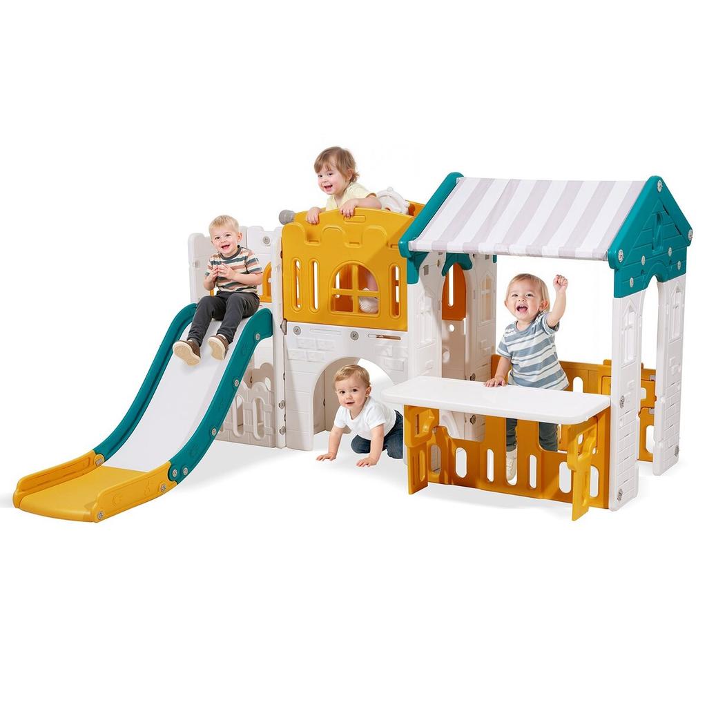 Outdoor Playhouse, Versatile Toddler Playground with Slide, Basketball, Telescope, Steering Wheel, Crawling Tunnel, Sales Window, Toddler Playset for