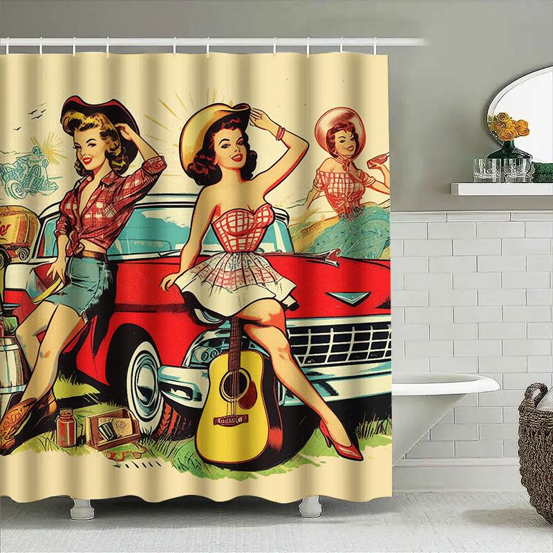 Retro Classic Vintage Style Red Car Girl Cartoon Shower Curtain For Bathroom Decor Home Decoration Supplies Accessories 3D Print