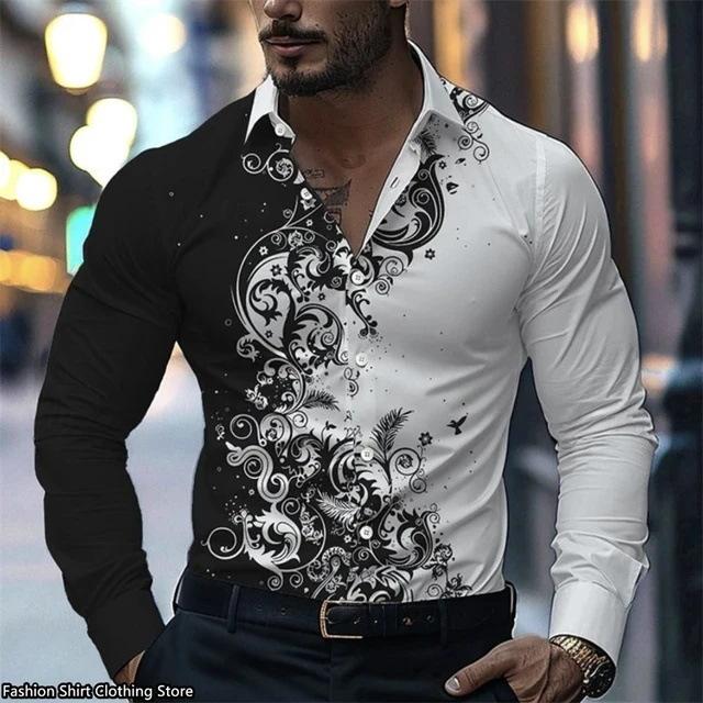 Men S Long Sleeve Button Down Colour Block 3d Printed Casual Shirt