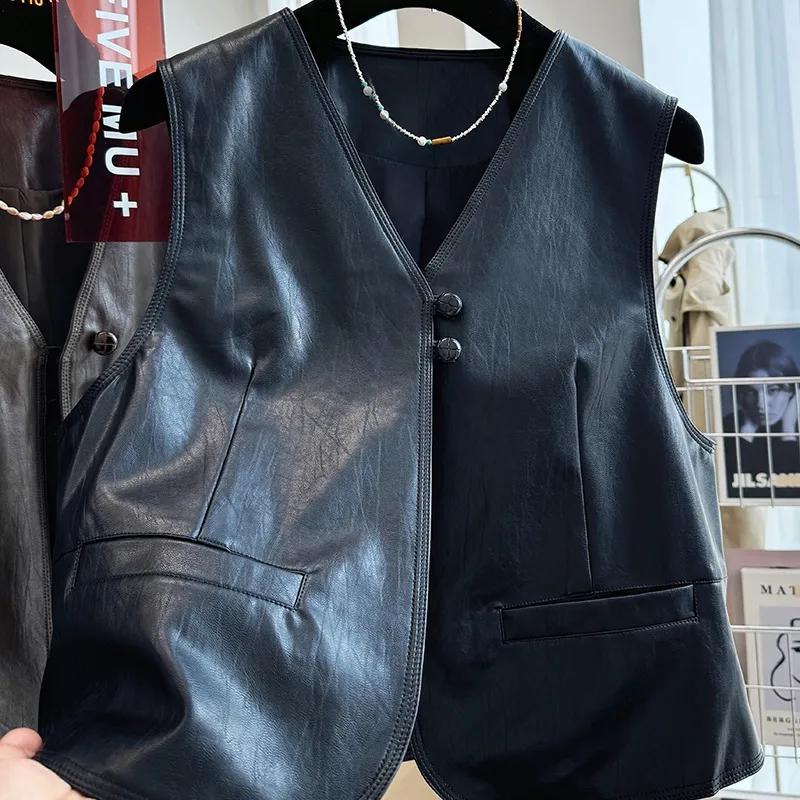 Spring Autumn Retro Style Fashion Women's Suit Vest Jacket Sleeveless Korean Version Ladies Leather WaistCoat Coat