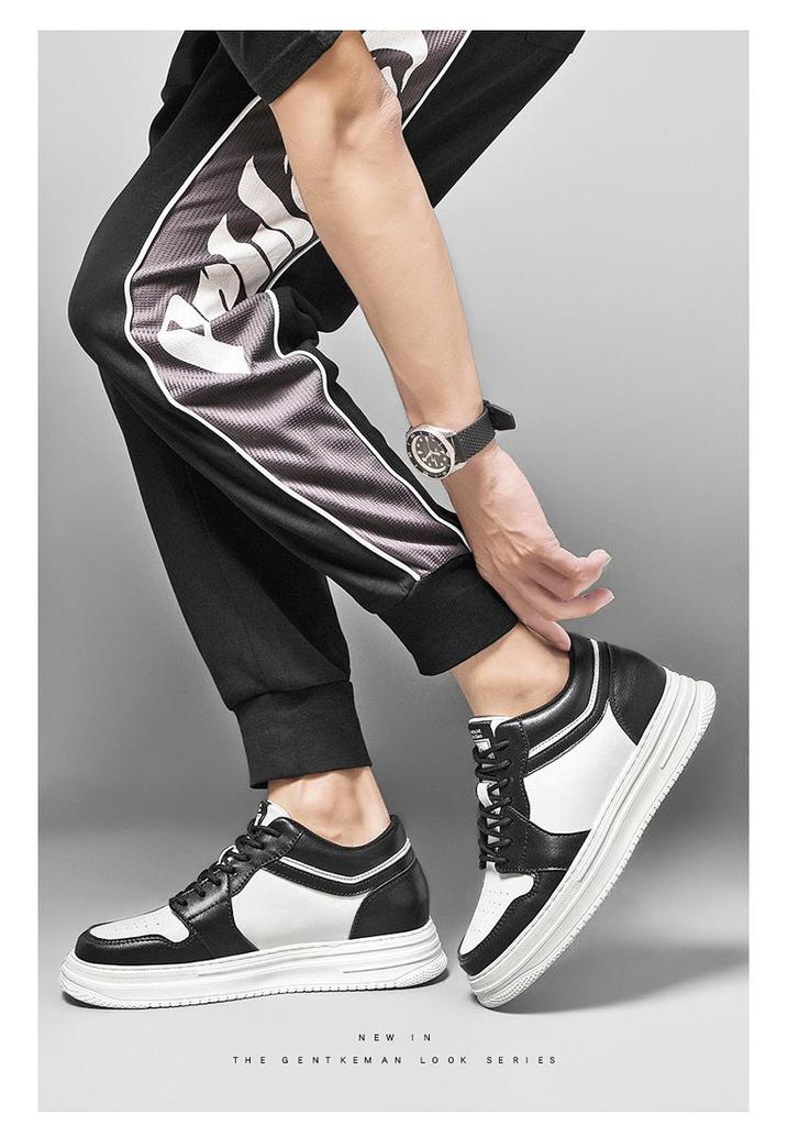 Men's Height Increasing Platform Board Shoes - Thick Sole, Color Blocking, Spring Low-Top Cowhide Sports Sneakers