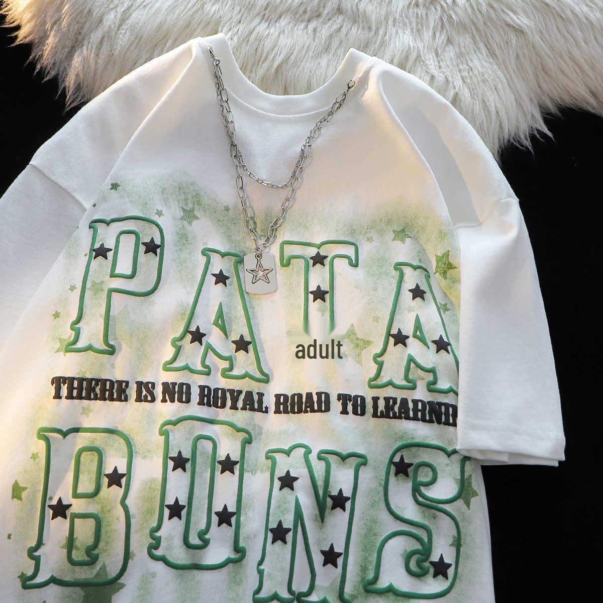 

Unisex American Star Letter Necklace T-Shirt - Trendy, Pure Cotton, Hip-Hop Style, Short Sleeve, Loose Fit M білий