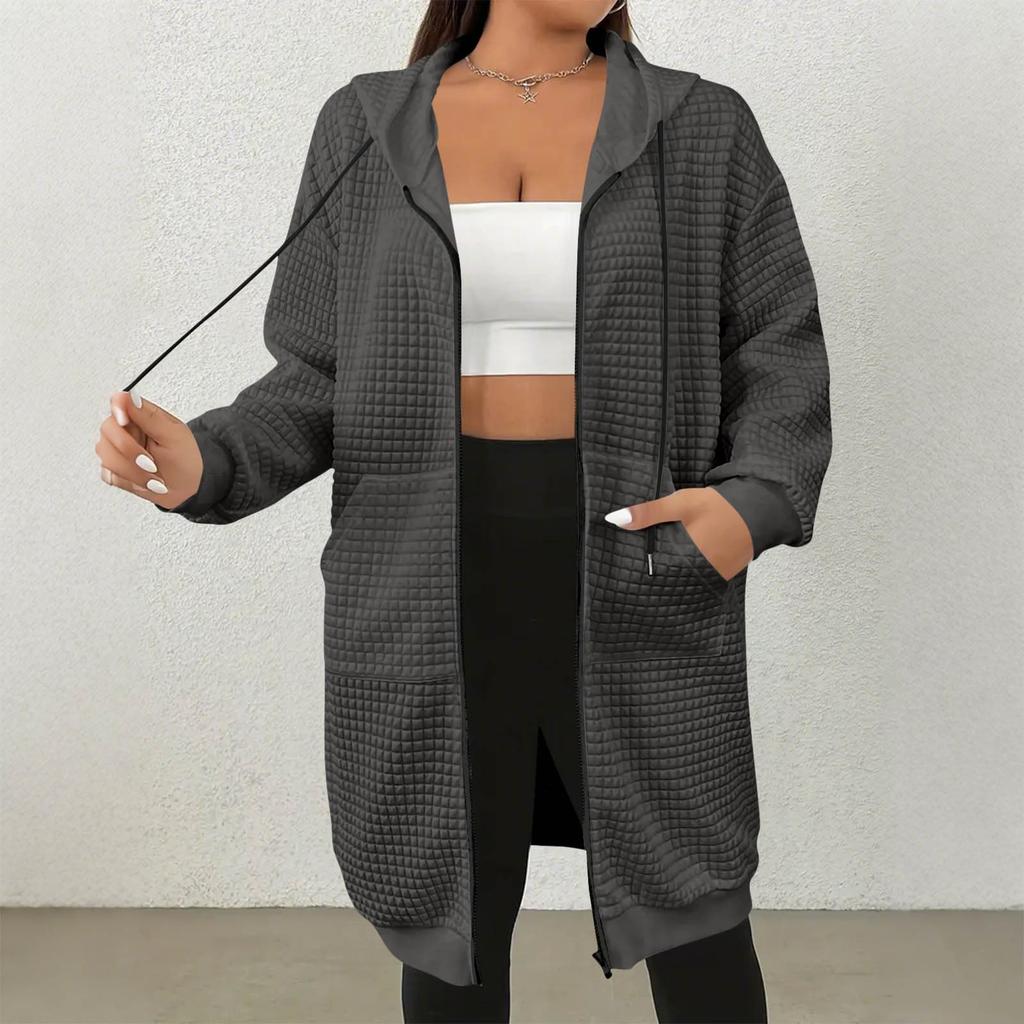 Dámská módní jednobarevná bunda s dlouhým rukávem, kapucí a kapsou, ležérní