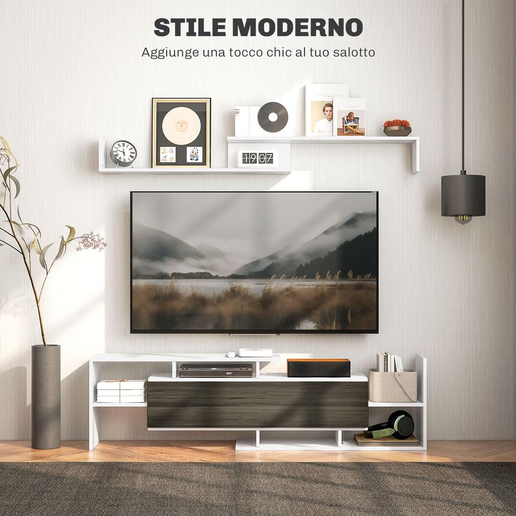 TV Cabinet with Wall Shelf, Open Shelves and Cabinet In Wood, White and Black
