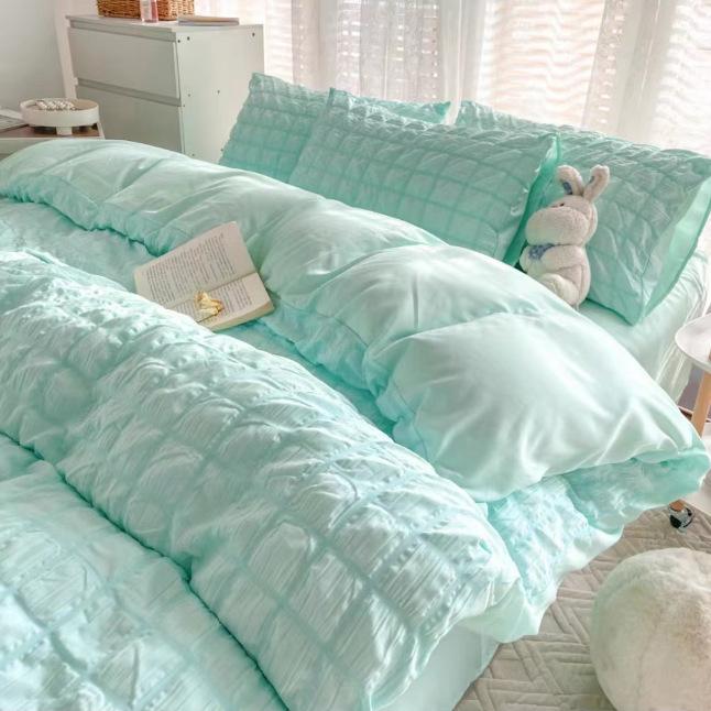 Girls Bubble Gauze Bedding Set Summer Cooling Soft Comforter Cover Kit Solid Color Skin Friendly Sleeping Naked Bedclothes
