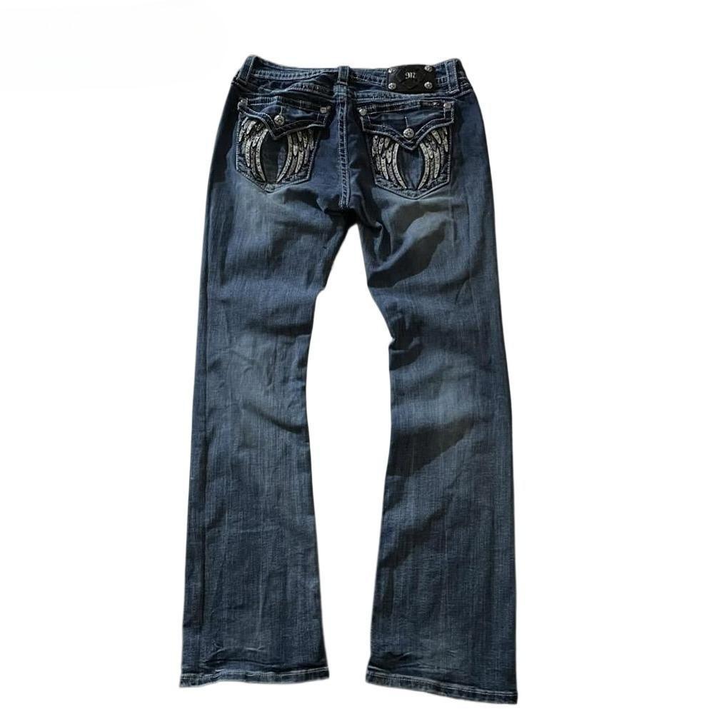 ZYLLO American Retro Slim Flare Jeans Women Y2k Harajuku Gothic Vintage Pocket Embroidered Blue Denim Pants Low Waist Wide Leg Trouser