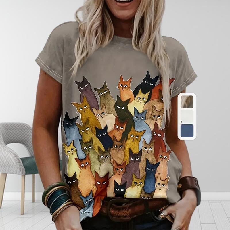 Women Summer T Shirt  Print Colorful Cat Graffiti  Short Sleeve Tees Casual   Printed  Tops