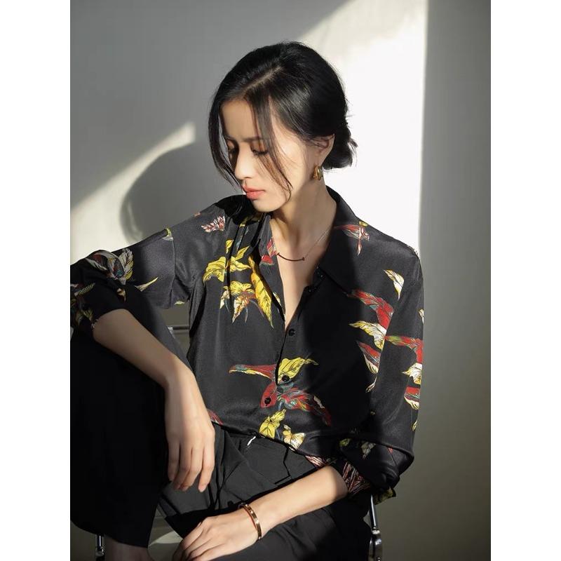 Retro Printed Silk Shirt Women's 2025 Spring and Summer Long-sleeved Loose High-end Mulberry Silk Shirt Temperament Bottoming Top