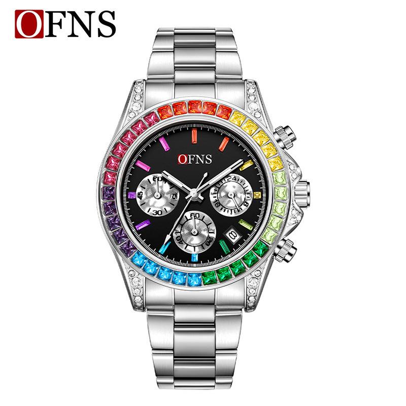 Quartz Luxury Mens Round Imitation Color Diamond Watches Movement Waterproof Men Wristwatches Week Display Male Clock