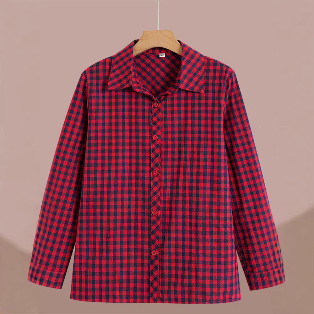 Spring/Autumn Plaid Loose Long-Sleeve Shirt for Women Aged 50-60