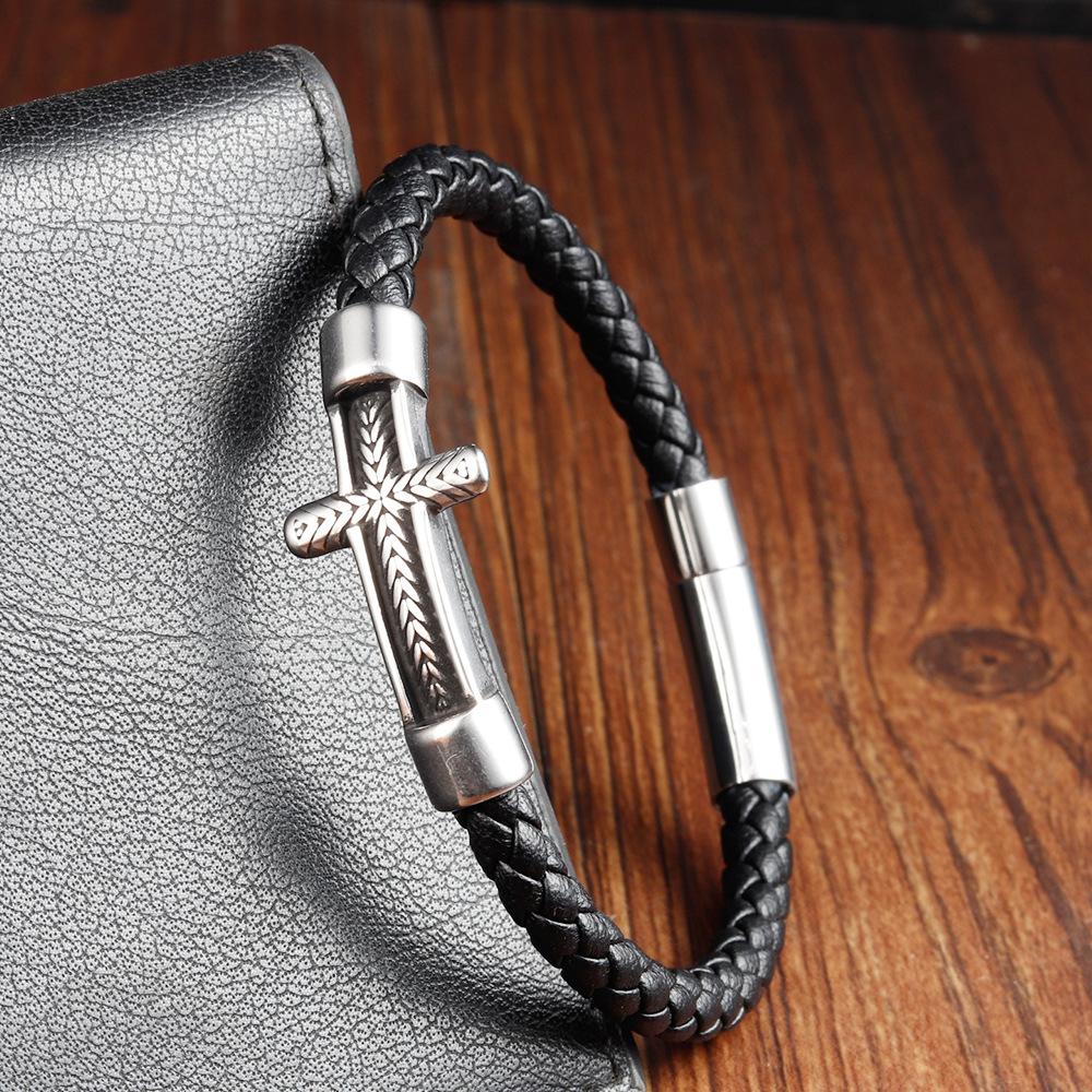 Black Leather Rope Cowhide Men's Double Layer Genuine Leather Woven Bracelet Handmade Multilayer Leather Cross Bracelet 2026