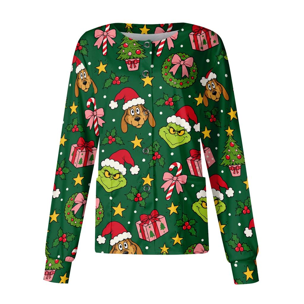 Women's Casual Long Sleeve Button Front Christmas Print Scrub Top for Work