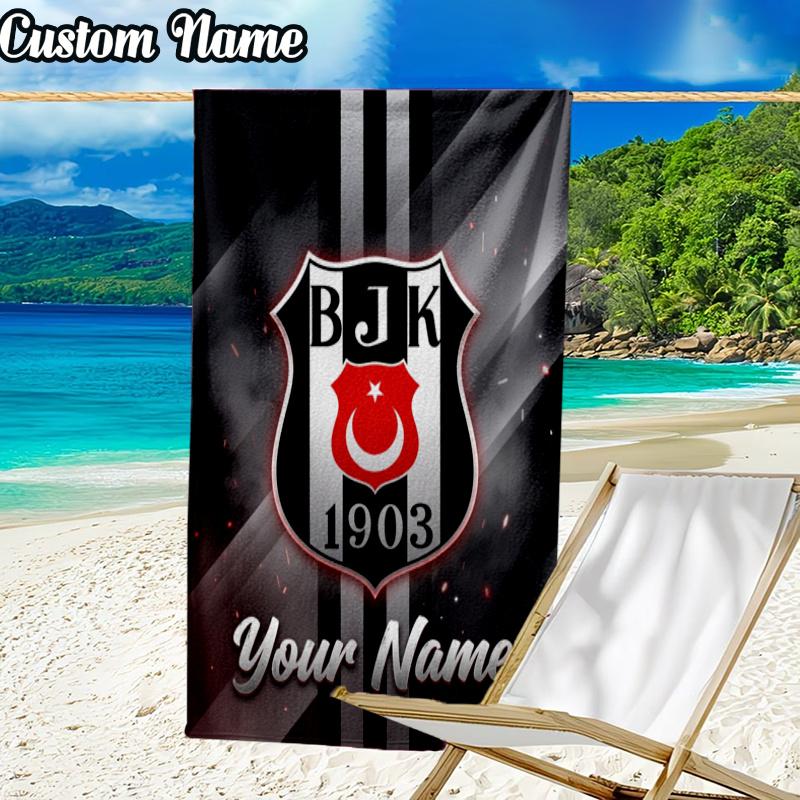 Custom Name BJK Football Crest Beach Towel - Soft, Ultra-Absorbent Microfiber, Lightweight, Perfect for Beach, Parties, Travel, Camping