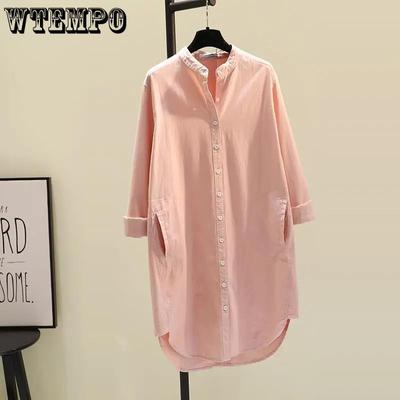 Vestido Chemise Feminino Gola Lapela Manga Longa Outono Algodão Vestidos com Fenda Elegante Liso Trabalho Escritório Túnica Feminina