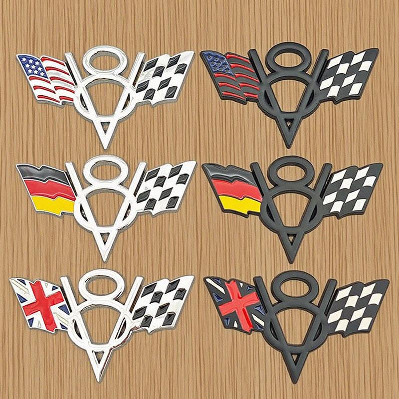 3d Metal American V8 United Kingdom Germany USA National Flag Logo Car Bumpers Side Badge Rear Trunk Sticker ID Plate Sticker Car Accessories