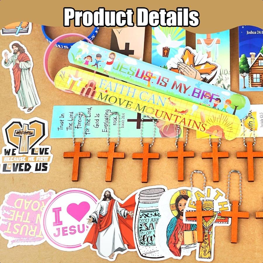 128Pcs Christian Party Favors Set for 12 Guests Jesus Party Supplies with Bible Verse Bookmarks Bracelets Keychains Cross Charm