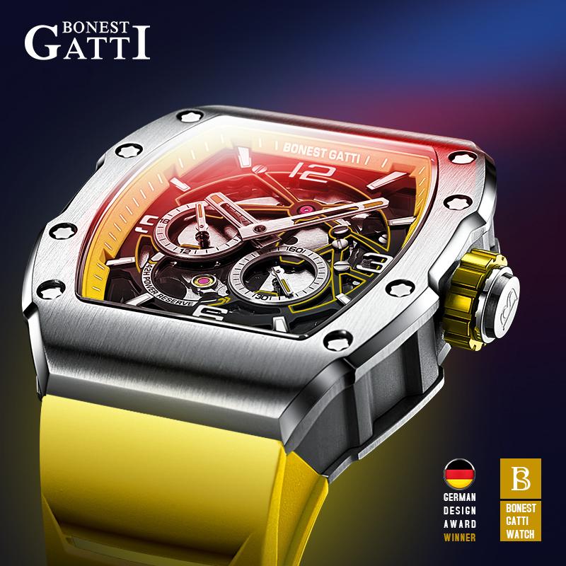 BONEST GATTI Men's Watch Qixi Festival Gift for Boyfriend German Automatic Skeleton Mechanical Luminous Tonneau Watch