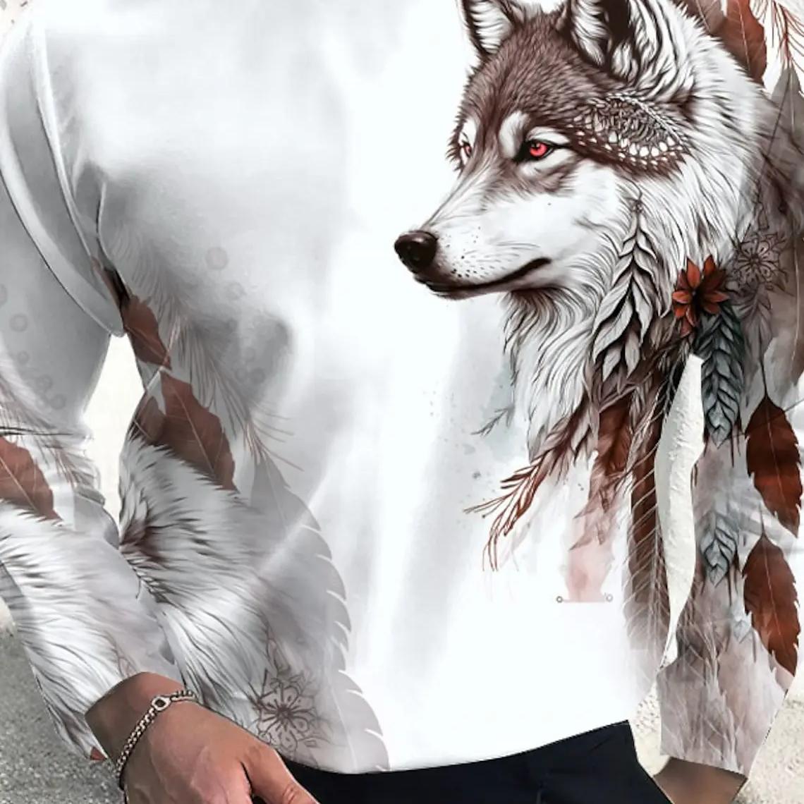 ETST 03 Vintage Heren T-shirt met lange mouwen, 3D-printoverhemden, Mode Dierenwolf Grafische korte mouwen, Oversized streetwear tops, T-shirts S