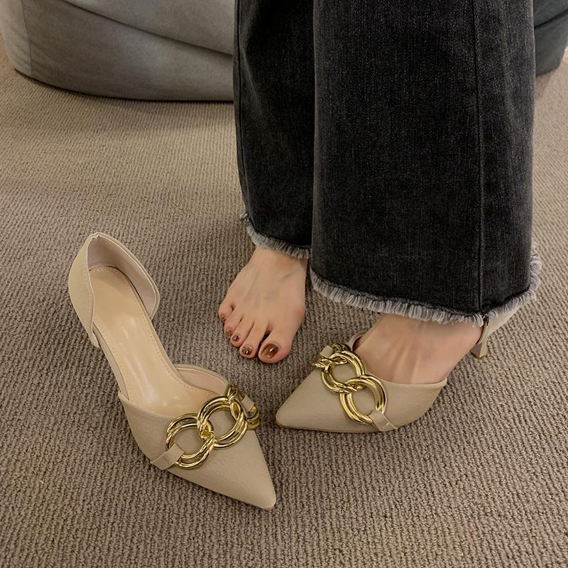 Fashion Metal Chain Stiletto Single Shoes Women's Fashion Pointed Toe Shallow Mouth Slip Foot Non-Slip High Heels