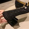Sheepskin Version~ Grape Mother, the Same Style, Sparkling Sequins, Small Fragrant Style Square Head, One Word with Thick Heel, Mary Jane Shoes, Wome