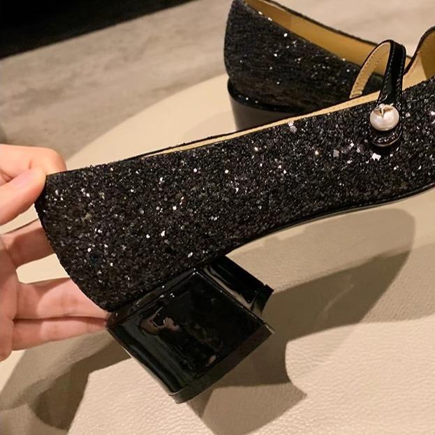 Sheepskin Version~ Grape Mother, the Same Style, Sparkling Sequins, Small Fragrant Style Square Head, One Word with Thick Heel, Mary Jane Shoes, Wome